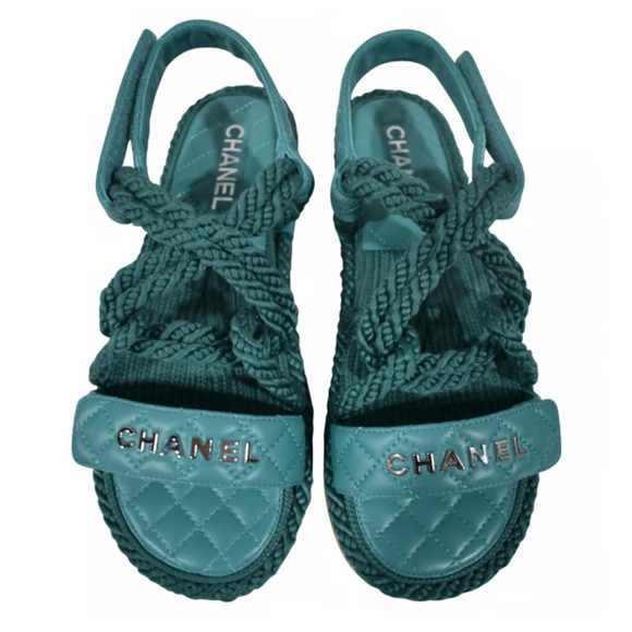 Chanel 21S Dad Green Blue Cord Rope CC Quilted Mule Ankle Strap Sandal Flat 40 - Picture 1 of 12
